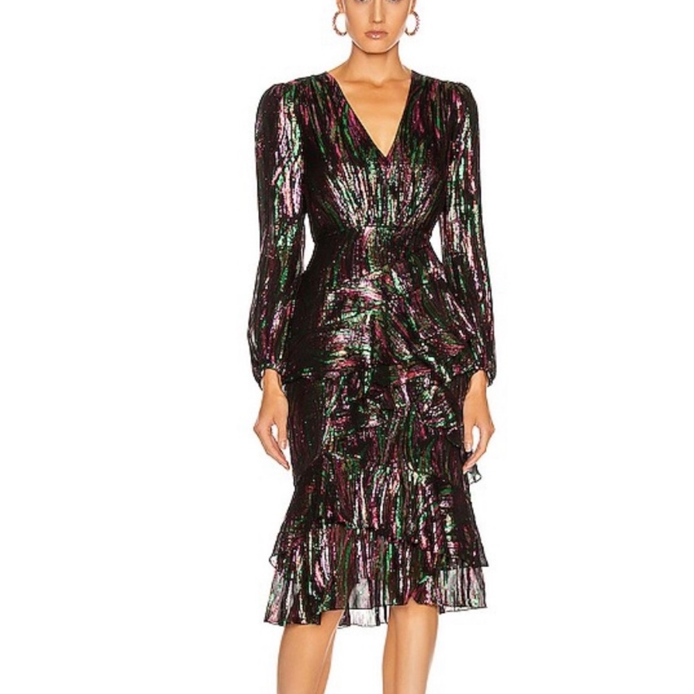 NWT SALONI Black Rainbow Metallic Silk Ayla Tiered Ruffle Midi Size 2